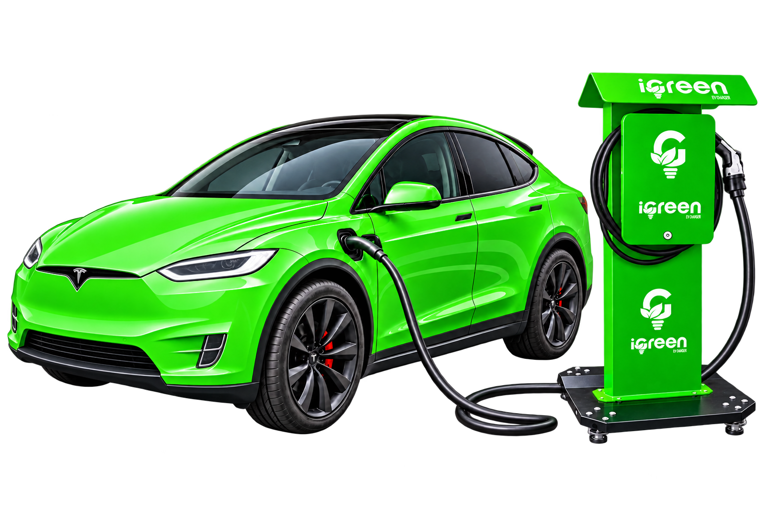 Carro elétrico verde conectado a eletroposto iGreen